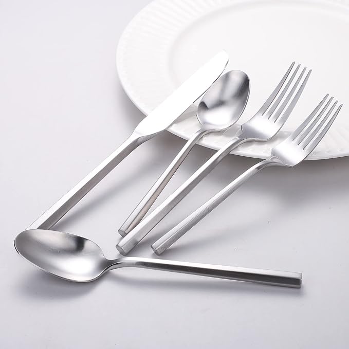 Matte Silverware Set Silver Flatware Set with Hexagon Handle 20 Pieces 18/0 Stainless Steel Cutlery Set Wedding Housewarming Gift Service for 4 (Matt silver)