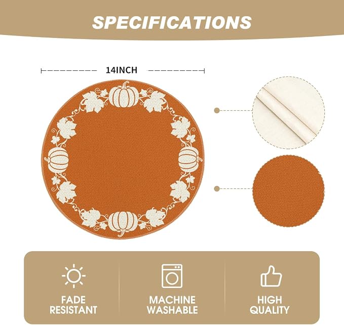 Artoid Mode Orange Pumpkin Leaves Round Fall Placemats Set of 4-14 Inch | Heat-Resistant, Washable Table Mats, Seasonal Autumn Kitchen Dining Decor