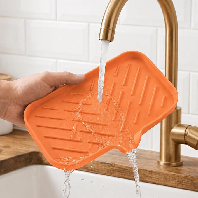 MicoYang Silicone Soap Dish with Drain Spout — Self-Draining Sink Organizer Tray for Bathroom & Kitchen, Sponges, Dispensers & Soap Holder, Non-Slip & Dishwasher Safe, Orange (Medium, 9.6"×5.3")