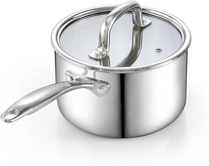 Cook N Home Classic 3 Quart Stainless Steel Saucepan with Glass Lid | Fully Tri-Ply Clad Small Sauce Pan, Stay-Cool Riveted Handle, Versatile for All Cooktops, Dishwasher & Oven Safe