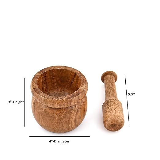 Handcrafted Acacia Wood Mortar & Pestle – Spice Grinder, Herb Crusher, Pesto & Guacamole Bowl, Compact Kitchen Tool (4 x 4 x 3 Inches)