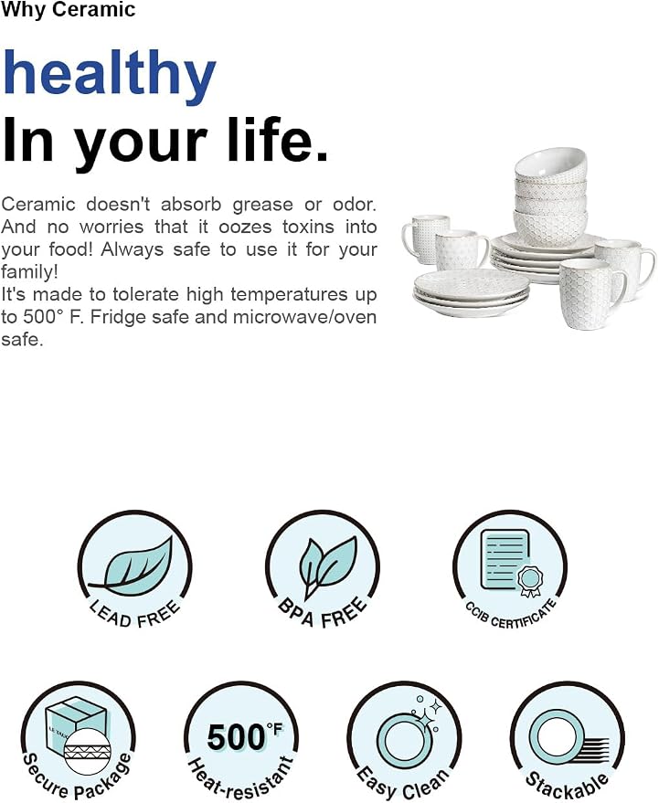 LE TAUCI Ceramic Dishes Set for 4, 16 Piece Kitchen Dinnerware Set with Mugs, Embossed Plates and Bowls Sets, Microwave & Dishwasher Safe, Arctic White (8"&10" Plate, 26oz Bowl, 12oz Mug)