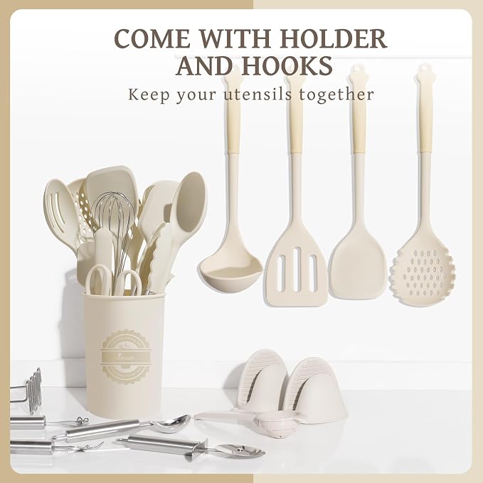 Kikcoin 43 PCS Silicone Kitchen Utensils Set, Dishwasher Safe Kitchen Cooking Utensils Set, 446°F Spatulas Silicone Heat Resistant, Non Toxic Silicone Utensils Set With Two-Tone Grip Handles, Cream