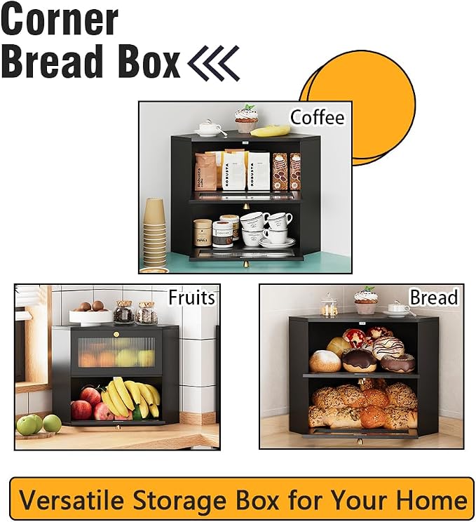 Trironsun Corner Bamboo Bread Box for Kitchen Counter Double Layer Bread Storage Container Large Capacity Bread Storage Bin with Wavy Arcylic Transparent Door (Black)