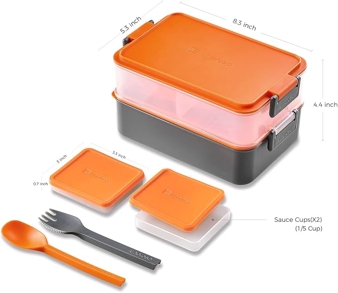 Stackable 2-Tier Adult Bento Box, 4 Compartments - Lava Orange | leakproof bento lunch box with fork & spoon + sauce cups, microwave/dishwasher safe, perfect for office, school & daily meals