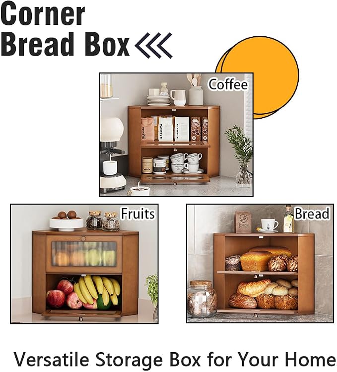Trironsun Corner Bamboo Bread Box for Kitchen Counter Double Layer Bread Storage Container Large Capacity Bread Storage Bin with Wavy Arcylic Transparent Door (Brown)