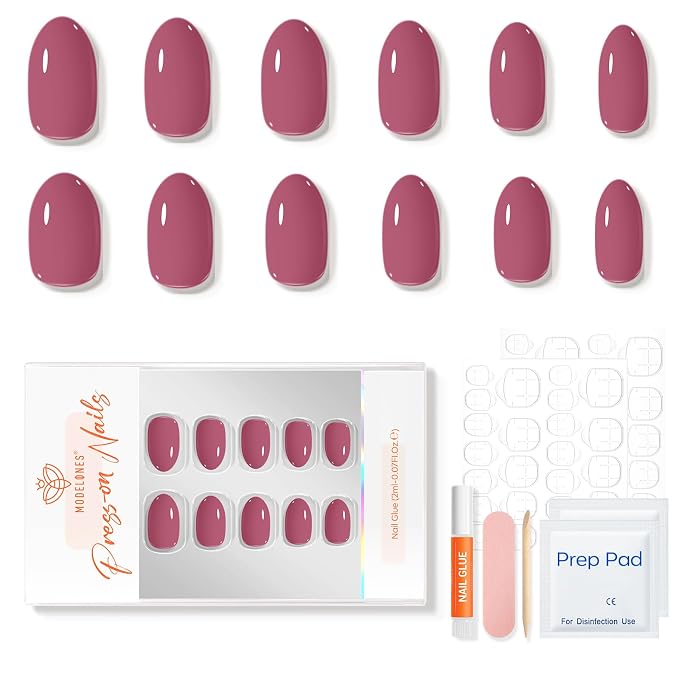 modelones Dusty Rose Short Press on Nails, Oval Fake Nails Kit | Press Ons with Nail Glue, Adhesive Tabs, Nail File, Prep Pad, Manicure Stick, 32Pcs 16 Sizes, Summer Women Girl Gift
