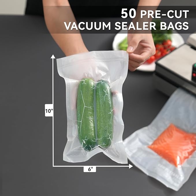 VestaEco Compostable Vacuum Sealer Bags for Food, 50 Pint 6" x 10" Precut | Heavy-Duty Embossed Vacuum Seal Food Saver Bags, BPA-Free, for Storage, Meal Prep or Sous Vide