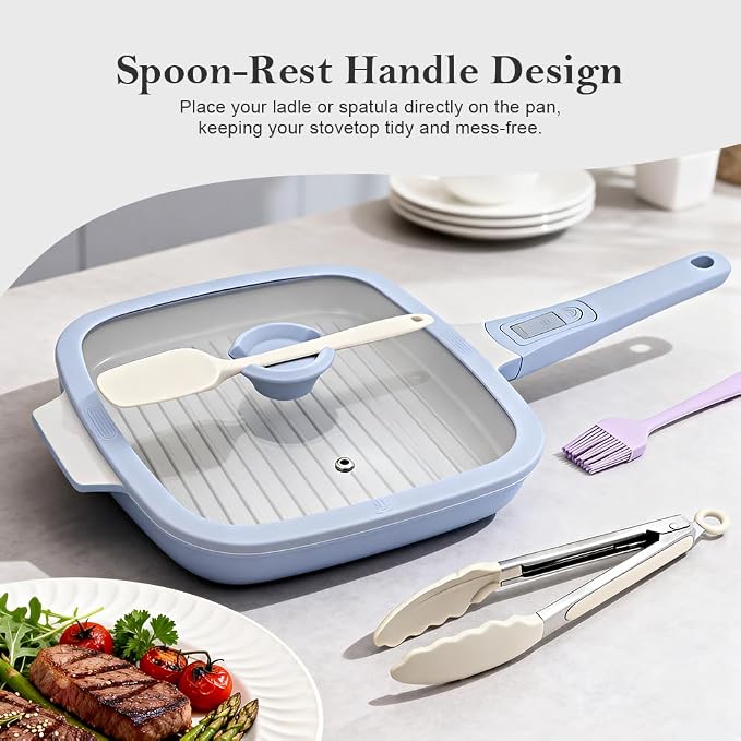 RANX INGST Nonstick Ceramic Griddle Pan with Lid, 10 Inch Steak Pan- Blue | Detachable Handle Induction Compatible