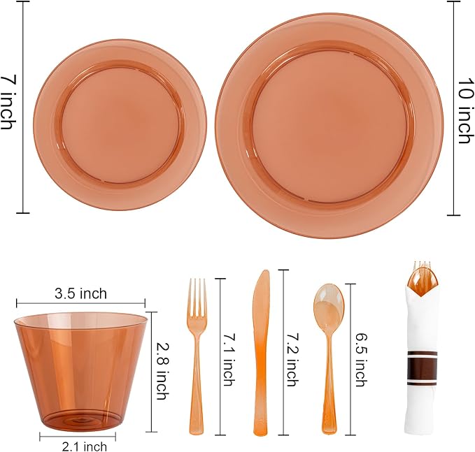 DaYammi 210PCS Clear Amber Plastic Dinnerware Set for 30 Guests, Fancy Disposable Plates for Party, Include: 30 Dinner Plates, 30 Dessert Plates, 30 Pre Rolled Napkins with Silverware, 30 Cups