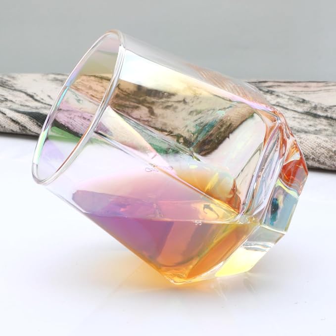 Wine Glasses Set of 4, Iridescent Stemless Wine Glasses 10oz | Geometric Diamond Shaped Glass Cups, Red and White Wine, Whiskey, Cocktail, Bourbon, Juice, Water