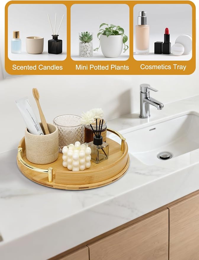 JUPELI 11.8″ Round Bamboo Serving Tray with Handles – Decorative Tray, Breakfast Tray, Coffee Table Tray, Ottoman Tray, Kitchen Platter for Drinks, Snacks, Vanity, Home Decor & Gifts