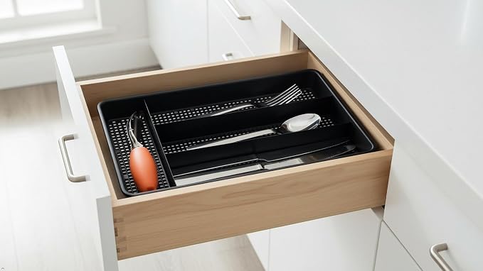 Dial Industries Small Utensil Silverware Kitchen Drawer Organizer, Black | Keeps forks, spoons and flatware neatly separated, Compact fit for shallow drawers, Great for RVs, campers or everyday use