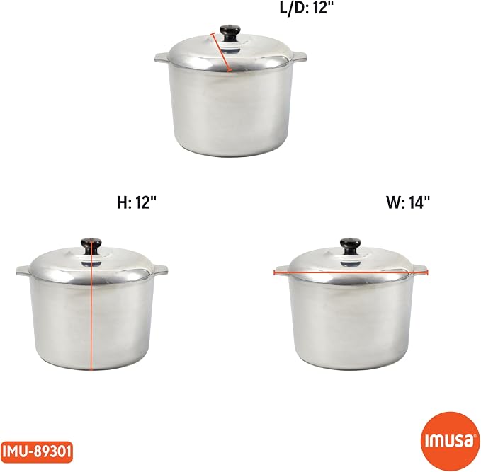 IMUSA USA Heavy Duty Cajun Aluminum Stock Pot 14 Quart, Silver | Brushed Finish, Side Handles and Bakelite Knob with Lid, Ideal for Soups and Stews, Great for Large Meals