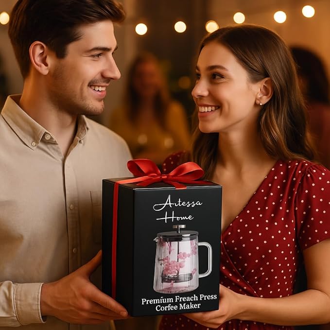Glass French Press Coffee Maker, Heat Resistant Borosilicate Glass (22oz Pink Floral)