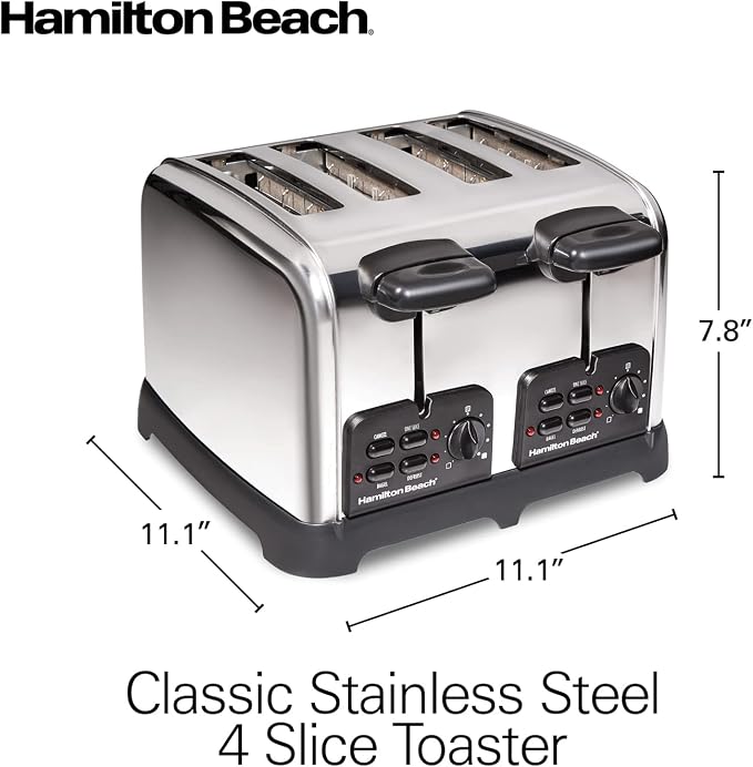 Hamilton Beach Retro 4 Slice Toaster With Sure-Toast Technology, Wide Slots | Browning Control With 9 Shades | Auto Shutoff | Bagel, Defrost, Cancel | Toast Boost | Polished Stainless Steel | 24782G