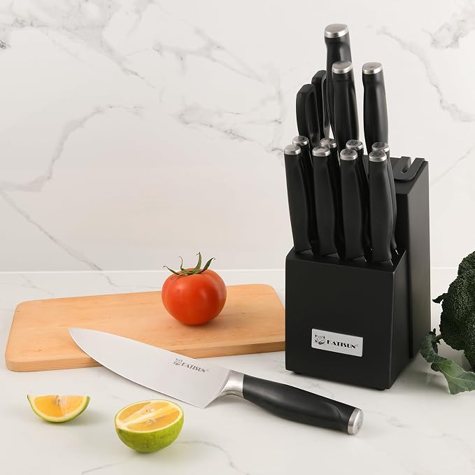 15-Piece ABS Handle Kitchen Knife Set with Block | Ergonomic Grip Chef Blades & Serrated Steak Cutlery. Includes Sharpener, Shears & Modern Countertop Black Storage