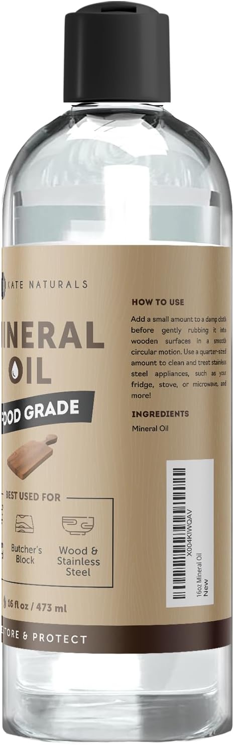 Kate Naturals Mineral Oil for Wood Cutting Board, Food Grade, Odorless,16oz | Food Safe Mineral Oil to Protect Wooden Cutting Board, Butcher Block, Utensils, Bamboo Boards, Stainless Steel Knife