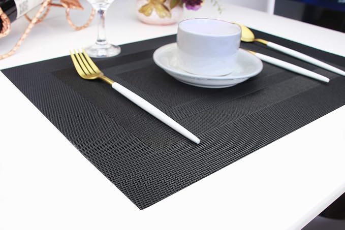 Durable Placemats Set of 6 Vinyl Heat-Resistant Table Mats Washable Plastic Placemats for Dining Table (Black)