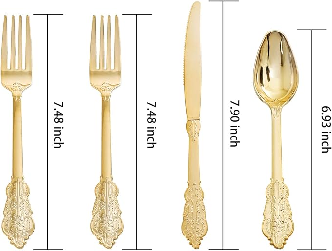 200 Pieces Gold Plastic Silverware Disposable - 50 Guests Heavy Duty Thanksgiving Gold Plastic Cutlery - Disposable Utensils Includes 100 Forks, 50 Spoons, 50 Knives Perfect for Party/Weeding