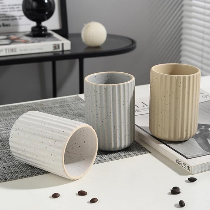 TOPYOKK Stoneware Coffee Bar Utensil Holder Tea & Coffee Spoon & Stirrer Holder for Stir Stick Straw Teaspoon Holder Espresso Spoon Cup Small Utensil Jar Fluted Vertical Stripe (Speckled Blue Grey)