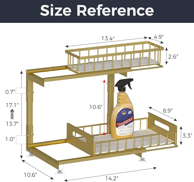 2-Pack L-Shaped Under Sink Organizer, 2-Tier Pull-out Cabinet Rack | Gold Height-Adjustable Metal Rack, Sliding Grid Drawers with Safety Stopper, Holds 100 Lbs, Ideal Kitchen Cabinet Storage