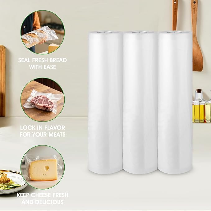 3 Rolls Vacuum Sealer Bags Compatible with Anova & Foodsaver Vacuum Sealer, Commercial Grade Vacuum Sealer Bags (11 in x 16.4 ft) BPA Free Food Vac Bags for Food Storage, Sous Vide
