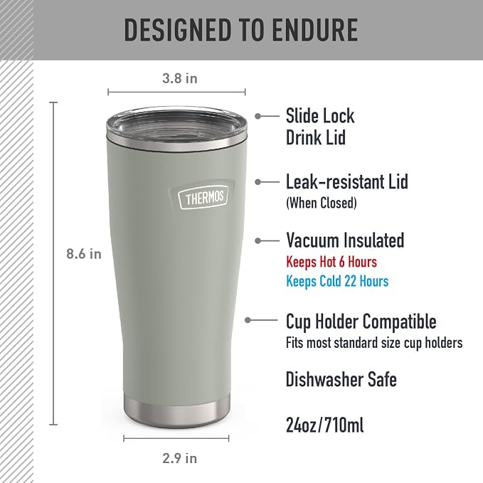 THERMOS Icon Series 24oz Stainless Steel Tumbler with Slide Lock Lid, Leakproof, Fits Cupholder, Dishwasher Safe, Griptec™ Non‑Slip Base, Keeps Drinks Hot 6 Hrs/Cold 22 Hrs, River Rock