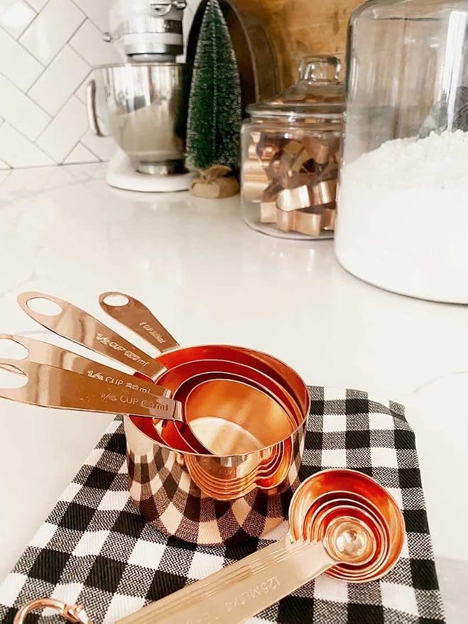 Copper Measuring Cups and Spoons Set - 9-Piece Food-Grade Stainless Steel Measuring Set with 2 Storage Rings for Heavy Duty Cooking & Baking, Rose Gold