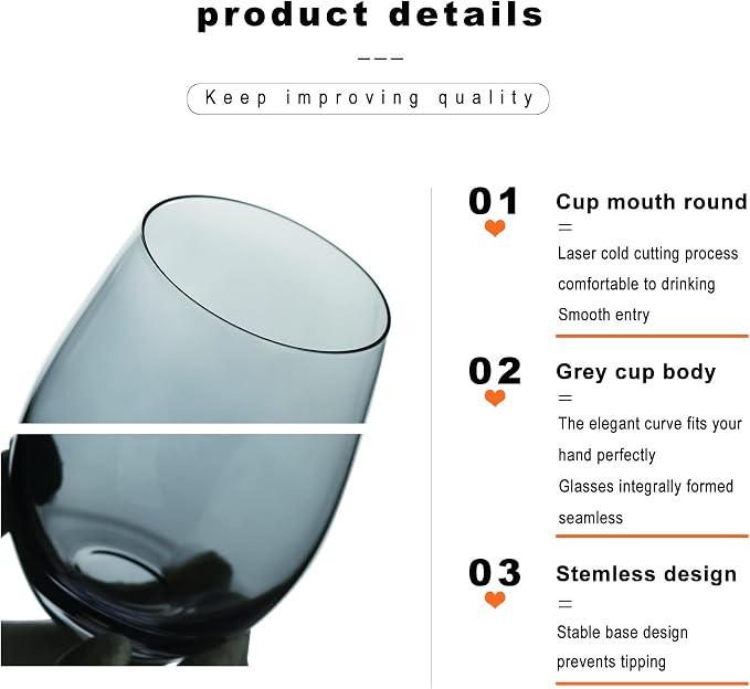 LUXU Wine Glasses Large Stemless Wine Glasses,20 oz,Set of 4 | Grey Juice Drinking Glasses,No Stem Glass Beverage Cups,All-Purpose Water Glasses for Ice Coffee,Tea,Red or White Wine