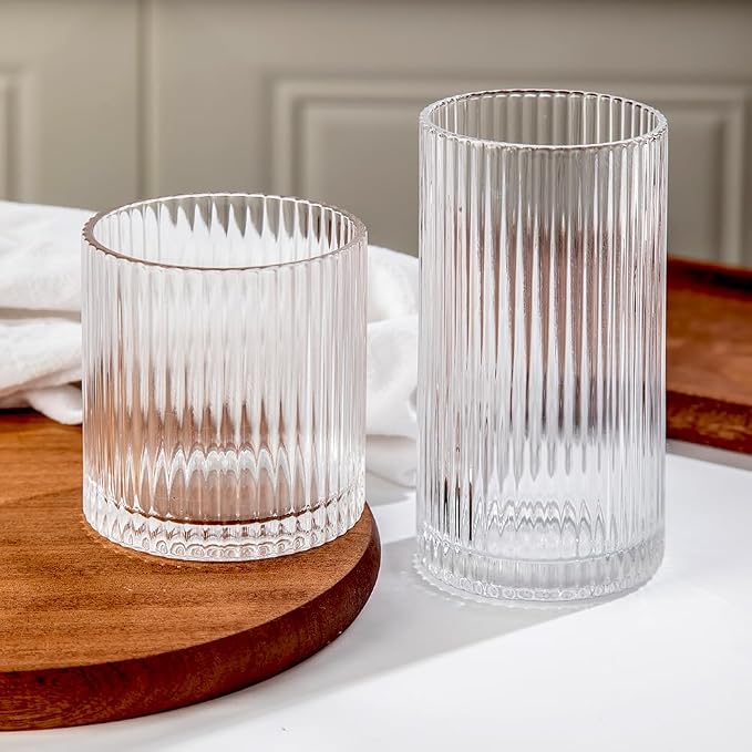 Ribbed Drinking Glasses 4pcs, 12oz and 10oz Glassware, Tumbler Glasses Cup Set for Wedding, Party, Christmas Gift, Clear
