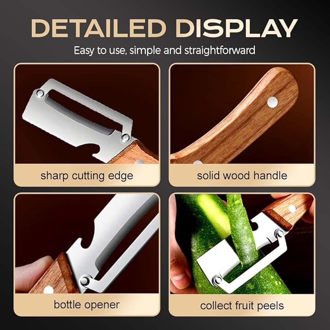 Premium Vegetable Peeler with Wooden Handle and Bottle Opener,Multi-Functional Vegetable Peeler for Kitchen, 2-In-1 Stainless Steel Kitchen Tool, for Fruit Veggie, Includes Bottle Opener (2PCS)