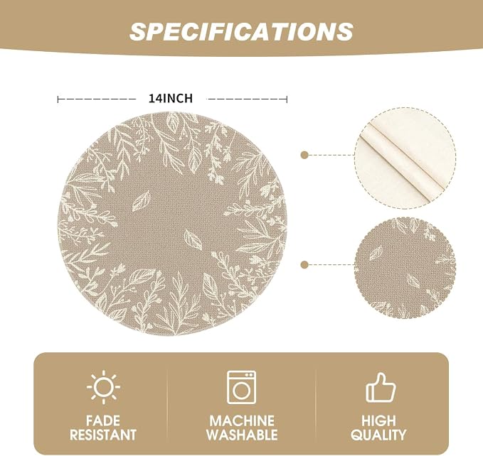 Artoid Mode Beige Eucalyptus Leaves Round Fall Placemats Set of 4-14 Inch | Heat-Resistant, Washable Table Mats, Seasonal Autumn Kitchen Dining Decor
