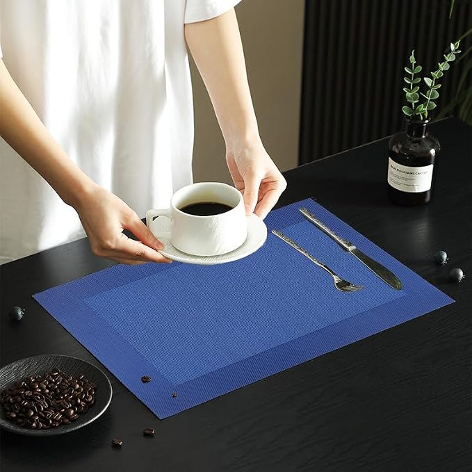 Vinyl Placemats Heat-Resistant Table Mats Washable Easy Clean Plastic Placemat for Kitchen Dining Table Set of 6 Indoor Outdoor (Cobalt Blue)