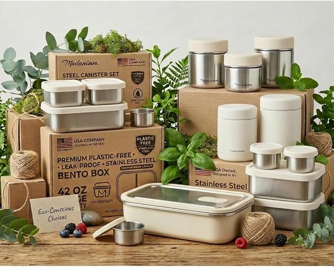 Flexibento -Stainless Steel Lunch Box 47 OZ Set,Bento Box, Stainless Steel Lunch Containers, Leak proof Metal lunch Box, 1 * 47 OZ+ 1 * 6.5 OZ,Vanilla-47 OZ+ 6.5 OZ set