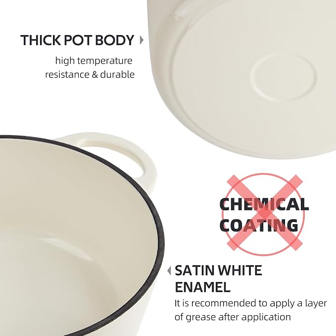 6 Quart Dutch Oven Enameled Cast Iron with Lid - Big Dual Handles - Oven Safe up to 500°F - Classic Round Pot for Versatile Cooking Cream