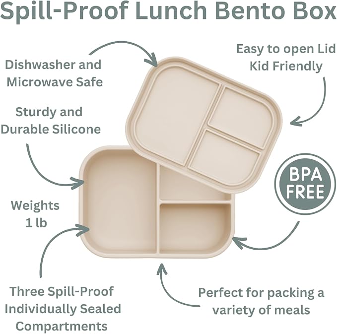 Ali+Oli Silicone Bento Box for Kids, Baby Lunch Box, BPA-Free, Spill-Proof | Daycare, Preschool, Food separation, Portion control, Snack storage, Travel-friendly, Easy cleaning, Toddlers