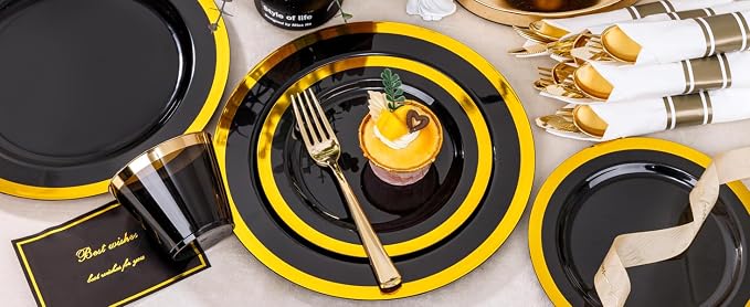 YOUBET 350PCS Black and Gold Plastic Plates for Party Wedding | Black Disposable Dinnerware Sets for 50 Guests - 100 Plastic Plates, 150 Gold Silverware, 50 Cups, 50 Pre Rolled Napkins