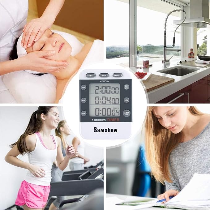 Samshow Digital Kitchen Timer, 3 Channels | Count UP/Down, Large Display, Adjustable Volume Alarm, Magnetic Back, Stand, Battery Included