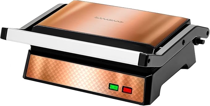OVENTE Electric Indoor Panini Press Grill + Sandwich Maker, Copper GP0620CO | Opens 180 Degrees to Fit Any Type or Size of Food, 1000W Indoor Cooking Perfect for Quesadillas, Burgers & More