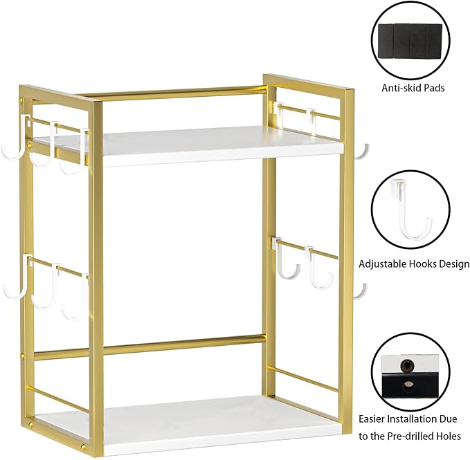 Dorhors Coffee Bar Organizer,Mug Holder,Station Organizer Kitchen Counter | 2 Tier Gold + White Wood Coffee Bar Accessories with 12 Hooks,Countertop Shelf for Mug,Syrup and Accessories