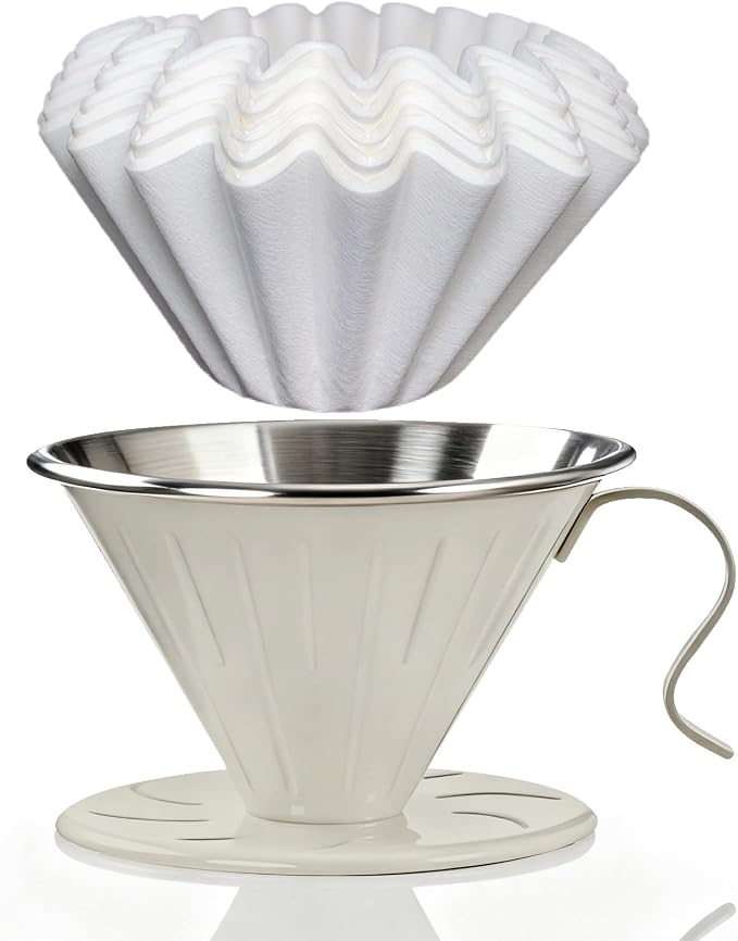 AGOGO Stainless Steel V60 Coffee Dripper & 50 Paper Filters, Cream | Unbreakable carafe for kitchen RV camp and office, includes barista towel, lead-free food grade 304 stainless steel