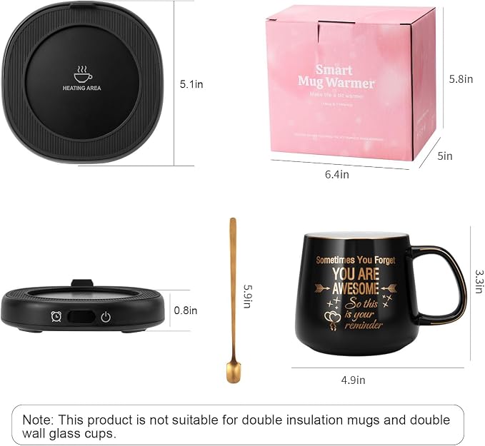 Coffee Mug Warmer & You are Awesome Mug Set, Electric Cup Warmer for Desk | Beverage Warmer Plate for Coffee, Tea, 4 Temperature Setting, 8-Hours Auto Shut Off, 14oz Mug with Spoon & Lid Included