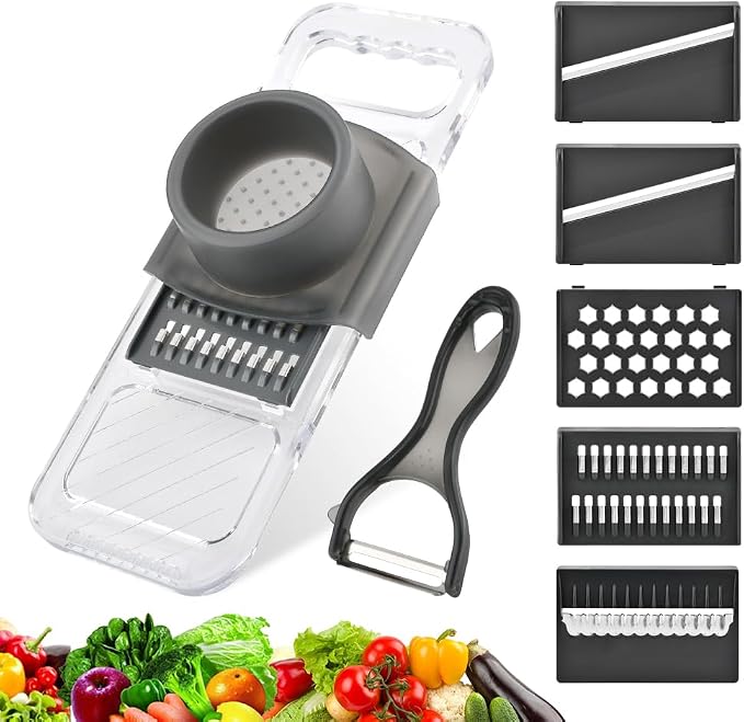 Transparent Multifunctional Slicer - 6 Blades Interchangeable, Handheld Vegetable Cutter with Hand Guard for Kitchen, Onion, Garlic, Cucumber, potato, Safe Food Slicer