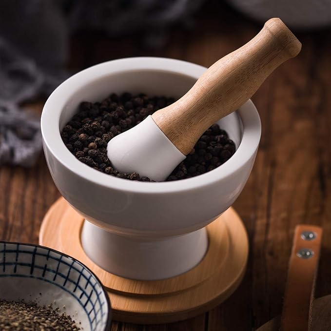 E-liu Porcelain Mortar and Pestle Set with Lid, Functional for Grinding | Pill Crusher, Spice Grinder, Herb Bowl, Pesto Powder with Anti-Slip Base and Grip – Molcajete for Seasoning, Paste