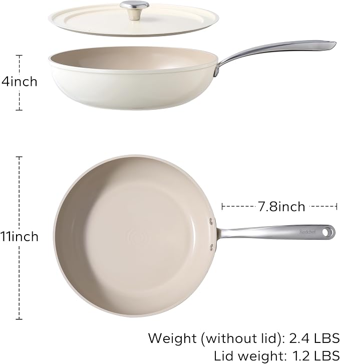 Redchef Ceramic Deep Saute Pan with Lid, 3.5QT Large Jumbo Cooker, 11" Frying Pan Nonstick with Stay Cool Handle, Non Toxic Cooking Ceramic Skillet, Induction Dishwasher Safe, PFOA & PFAS Free(Beige)