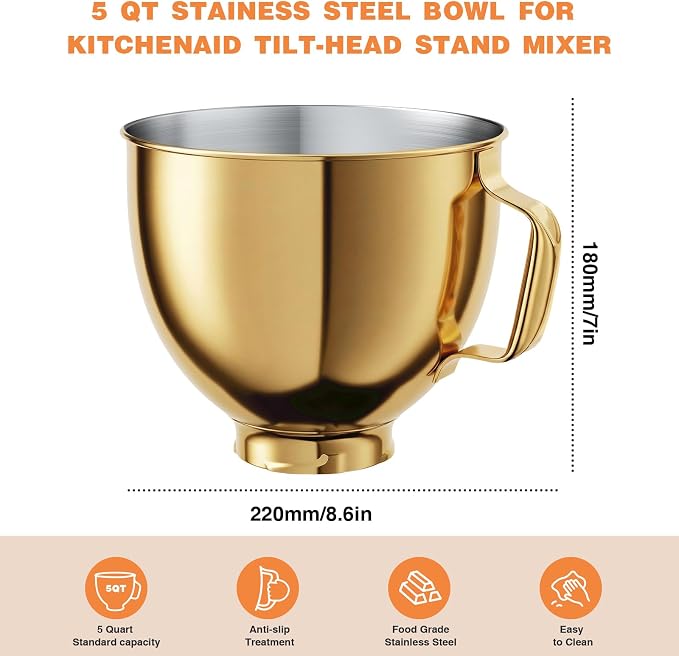 Stainless Steel Mixer Bowl for KITCHENAID TILT-HEAD 4.5-5 Qt Mixer | Anti-slip handle & Prominent Clasp, 5 QT Food-Grade Stainless Steel Polished, Gold