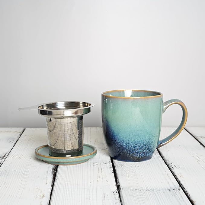 Bosmarlin Ceramic Tea Cup with Infuser and Lid, 16 Oz, Loose Leaf Tea Steeper Mug with Strainer, Microwave and Dishwasher Safe, Reactive Glaze (16 Oz, Pale Green)