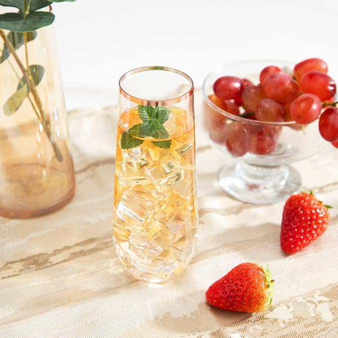 Ciaell 24 Pack Rose Gold Plastic Champagne Flutes for Weddings Birthdays | 9 oz Rose Gold Stemless Mimosa Glasses, Heavy Duty Plastic, Champagne Mimosas Wine Cocktails for Parties Anniversaries Bars