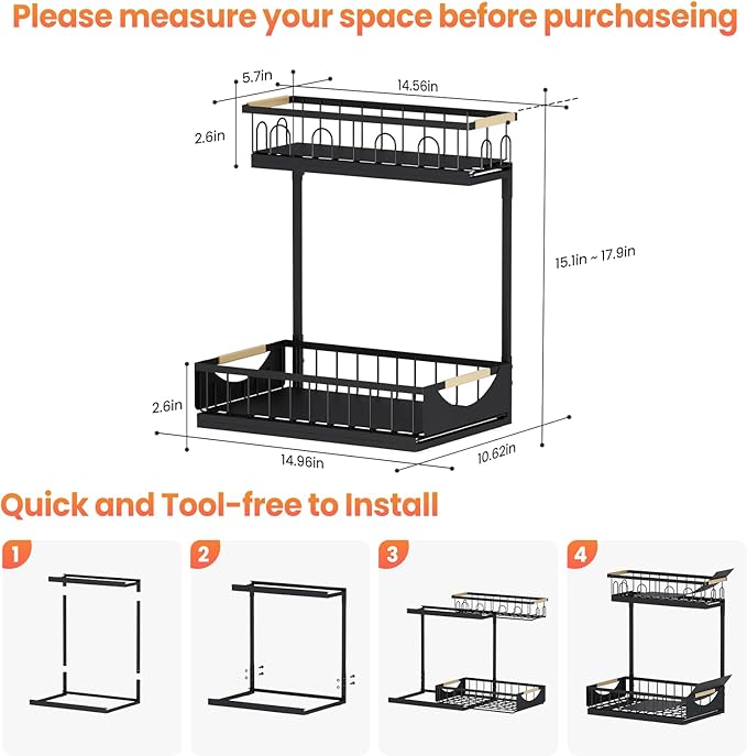 Under Sink Organizer and Storage for Bathroom and Kitchen - 2 Pack 2 Tier | Cabinet Pull Out Shelf Organizers - Slide Out Drawer Organization for Home Cabinets Shelves and Drawers